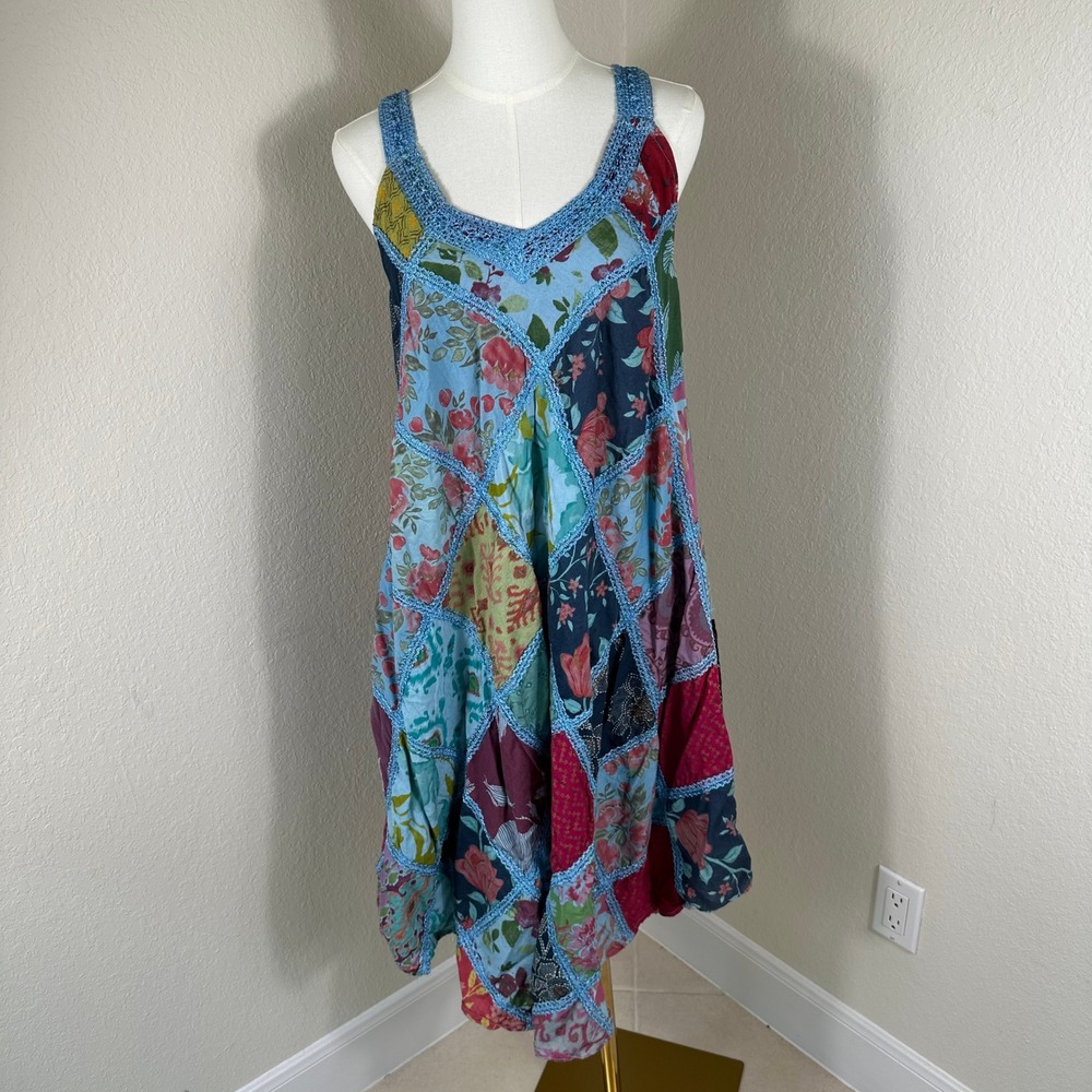 Advance Patchwork Midi Dress Womens OS Blue Floral Crochet Trim Boho Cottagecore